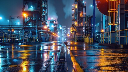 Canvas Print - industrial plant illuminated by colourful lights at night, showcasing the hustle and bustle of manufacturing operations