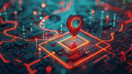 Fototapete - Isometric GPS map with a red marker indicating a specific location. Generative AI