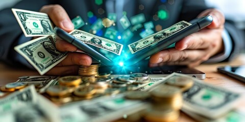 Aufkleber - Digital money transfer between smartphones, illustrating the modern and innovative methods of mobile payment and financial transactions in today's technology-driven world, Generative AI