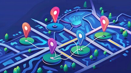 Leinwandbilder - A digital isometric map background with several tracking pins marking destinations on street maps. Generative AI