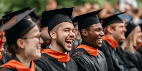 Poster - A group of diverse graduates laughing and celebrating at their graduation ceremony