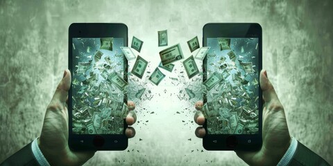 Aufkleber - Digital money transfer between smartphones, illustrating the modern and innovative methods of mobile payment and financial transactions in today's technology-driven world, Generative AI