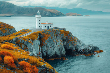 Poster - High-angle photo of a historic lighthouse on a rocky coast. Concept of maritime heritage and navigation. Generative Ai.