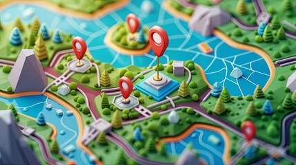 Fototapete - Detailed view of a map with multiple pin markers showing GPS tracking and navigation features in an isometric abstract background. Generative AI