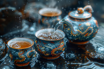 Sticker - Teapot adorned with intricate dragon motifs, symbolizing strength and prosperity, pouring fragrant oolong tea into ornate cups. Concept of symbolism and cultural significance. Generative Ai.