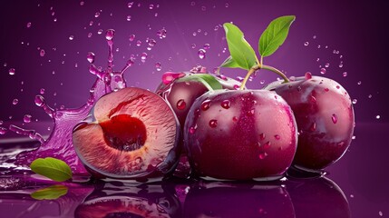 Wall Mural - Photorealistic plum slices and juice splash isolated