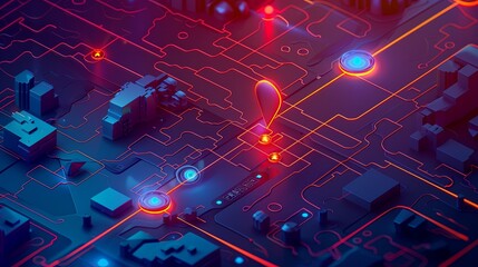 Poster - Computer circuit board with illuminated red and blue lights creating a futuristic aesthetic. Generative AI