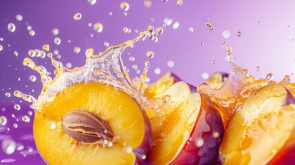 Wall Mural - Photorealistic plum slices and juice splash isolated