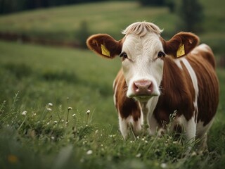 a brown and white cow standing in a field of grass looking at the camera,space for text
