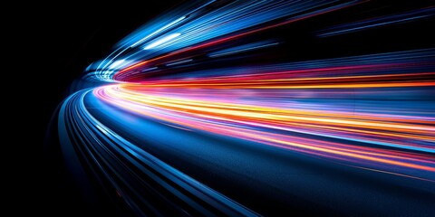 Aufkleber - Curving light trails on a dark road captured with long exposure, illustrating the dynamic energy and speed of nighttime transportation and the vibrant glow of moving vehicles, Generative AI