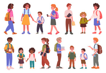 Wall Mural - School students. Elementary, middle and high school pupils, cheerful classmates with backpacks and books, students of different grades and ages flat vector illustration set. Mixed ages students