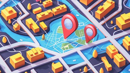 Leinwandbilder - Detailed isometric GPS map with a prominent red marker indicating a specific location. Digital artwork for navigation and tracking purposes. Generative AI