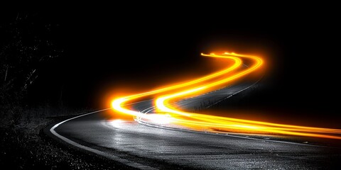 Aufkleber - Curving light trails on a dark road captured with long exposure, illustrating the dynamic energy and speed of nighttime transportation and the vibrant glow of moving vehicles, Generative AI