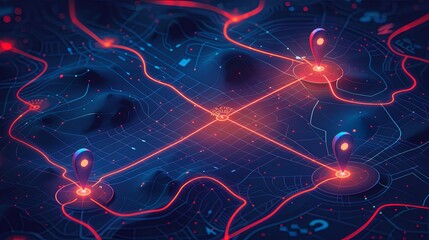 Fototapete - Isometric GPS tracking map with red and blue lights, showcasing navigational pins on streets. Digital art with abstract map background. Generative AI