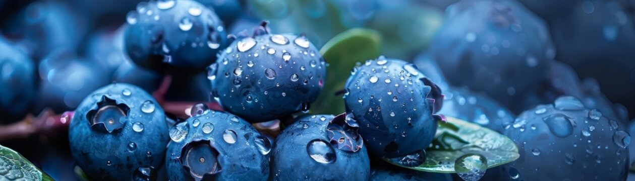 Morning dew trends upon clusters of ripe blueberries