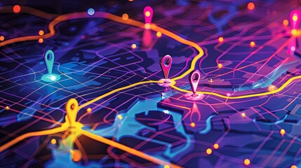 Fototapete - Detailed close-up of a city map with GPS tracking pins, streets, and buildings. Isometric abstract background for navigation purposes. Generative AI