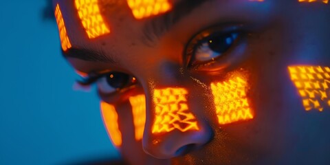 Poster - Close-up of a human eye surrounded by glowing digital lights, symbolizing the integration of technology and innovation in futuristic vision and cyber interfaces, Generative AI
