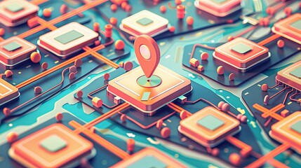 Fototapete - Isometric GPS tracking map with navigation pin on street maps, providing a detailed view of the location. Generative AI