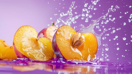 Wall Mural - Photorealistic plum slices and juice splash isolated