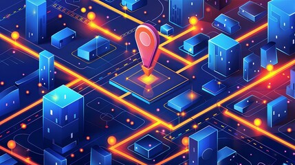 Fototapete - A map with a red marker in the center, depicting GPS tracking and navigation on a street map, creating an isometric abstract background. Generative AI
