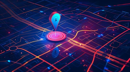 Fototapete - Isometric GPS map with red and blue pins indicating locations. Abstract map background for navigation and tracking purposes. Generative AI
