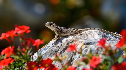 Wall Mural - A lizard sunbathes on a rock amid red flowers and stones on a sunny day