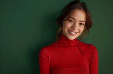 Wall Mural - A portrait of an attractive woman in red turtleneck, smiling and posing with hands folded on chest, standing against green screen background, professional photography, high resolution
