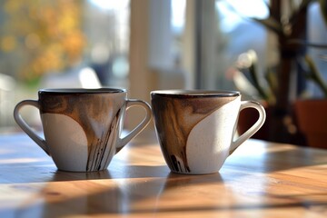 Poster - Two coffee cups filled with aromatic coffee resting on top of a wooden table. Generative AI