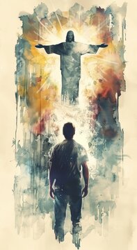 A watercolor drawing of Jesus Christ standing with outstretched arms, his back is turned to the camera and he stands in front of an adult man who looks at him with awe, a light beam shines on them