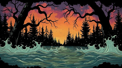 Wall Mural - trees melting into a lake, in the style of tattoo art, strong black outlines,generative ai