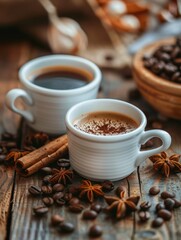 Leinwandbilder - Two cups of coffee surrounded by coffee beans and cinnamons on a table. Generative AI