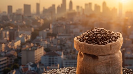 Poster - A sack of coffee beans rests atop a building in the city, blending coffee culture with an urban backdrop. Generative AI