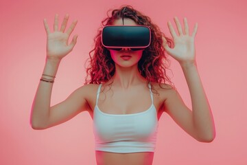 Wall Mural - A woman wearing VR glasses stands with her hands raised, against the background of pink color. The girl is dressed in white tank top and black shorts. Her hair is tied back.