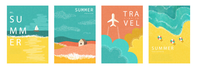 Set of summer minimalistic posters. Illustrations of sailboat in the sea, farmhouse in field, flying airplane in the clouds, sandy beach. Modern flat design with grainy texture. Template design for