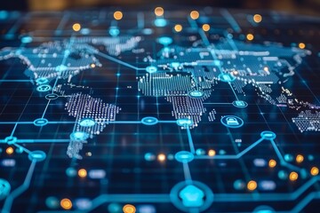 Poster - Digital world map with interconnected networks and data points, illustrating the global reach and connectivity of modern technology, Generative AI