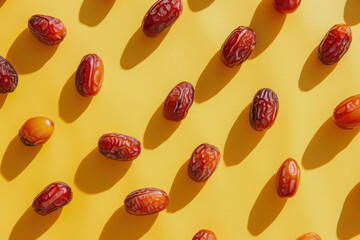 fresh dates arranged on yellow background in sunlight