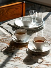 Aufkleber - A table with two coffee cups, showcasing a warm and inviting setting for coffee lovers. Generative AI