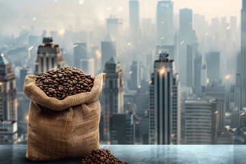Poster - A sack filled with coffee beans sits on top of a wooden table. Generative AI
