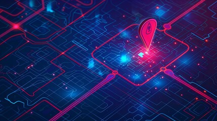 Poster - Blue and red abstract background with a map pin representing destinations, GPS tracking, navigation, and street maps in digital art. Generative AI