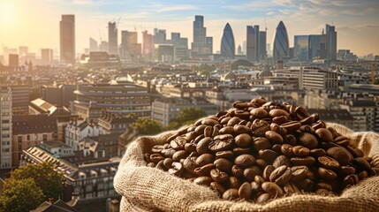 Poster - A sack of coffee beans placed in front of a city skyline with urban buildings in the background. Generative AI