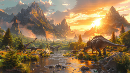 hyper-realistic shot of a sweeping panoramic view of a lush, prehistoric landscape teeming with a di