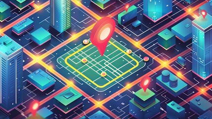 Fototapete - A detailed isometric GPS tracking map of a city with a bright red marker pinpointing a specific location. Generative AI