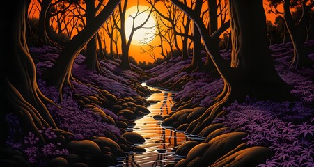 Wall Mural - painting of trees and bushes in the distance at sunset with the sun setting