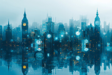 Wall Mural - a city skyline where the buildings are shaped like different types of clocks. concept of urban time.