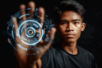 Poster - Young man interacting with advanced holographic display, symbolizing cutting-edge personal technology access.