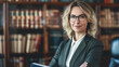 © Tetiana - A confident middle-aged female lawyer wearing glasses stands in her office against the backdrop of bookshelves and smiles softly, demonstrating professionalism and experience. copy space