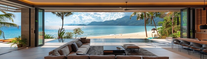 Wall Mural - A tranquil tropical beach and luxurious open lounge with modern furniture overlooking 