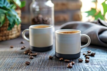 Poster - Two cups filled with coffee sitting on a table surrounded by coffee beans. Generative AI
