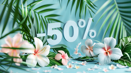 Tropical flowers and palm leaves with 50% discount text on blue background, concept of summer sale, copy space