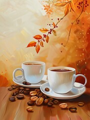 Poster - A painting depicting two cups of coffee placed on a table. Generative AI
